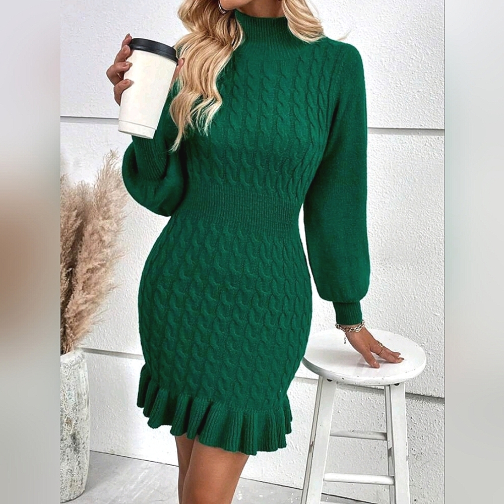 NEW Chic Cable Knit Lantern Ruffle Trim Short Dress Green